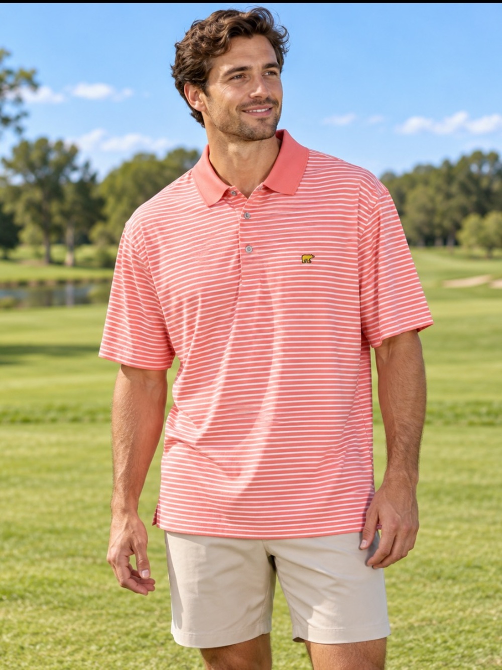 Jack Nicklaus StayDri Golf Polo Shirt Mens XXL Coral White Stripe Bear Logo